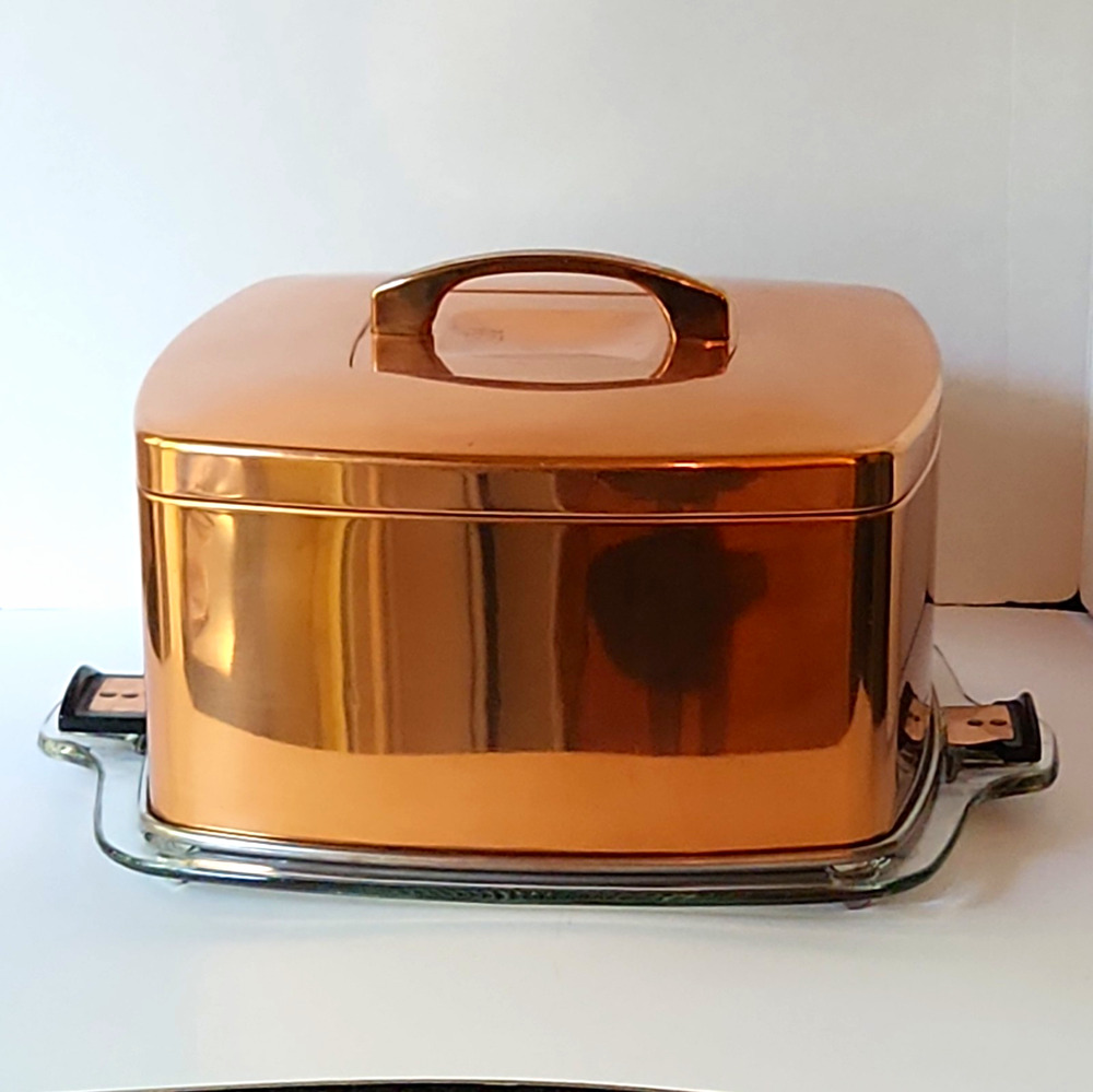 Vintage Mid-Century Copper Cake Carrier / Taker with Locking Glass Base